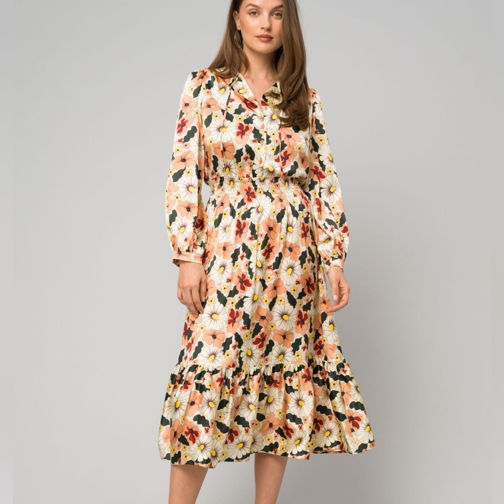 Tucker Juliette Silk midi Dress in victorious floral-ruffled hem Small New